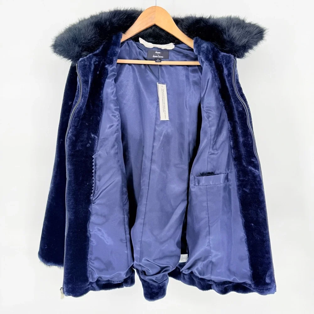 Dennis Basso Midnight Navy Blue Faux Fur Coat Jacket Hooded Plush Womens M Lux - Picture 6 of 16